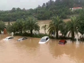 福建上杭遭遇强降雨 汀江水位暴涨淹没停车场