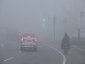 山东威海晨雾弥漫 能见度降低影响出行
