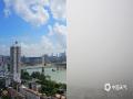 中国天气网广西站讯 由于近期冷空气活动频繁，广西大部地区气温比较低，随着冷空气减弱东移，近地面低层转受潮湿的偏南气流影响，水汽遇冷凝结成细小的水珠（云雾），20日8点前后，南宁城区最低能见度小于200米，雾气弥漫，不时还有细雨洒落。图为邕江不同时段能见度对比图。（图文/刘英轶）