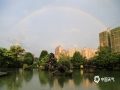 中国天气广西站讯 7月29日傍晚，一场雨过后，横县城区上空出现了两道绚丽的彩虹，吸引下班的人们围观拍摄。（文/黄庆平 图/卜军波）