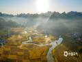 中国天气网讯  近日，广西百色靖西市山区谷地经常出现雾绕群峰的美景。10月7日早晨，在禄峒镇，当朝阳遇上晨雾，光便有了形状，山峦起伏，田野“流金”，共同构成一幅绝美田园画卷。（图文/曾海科）