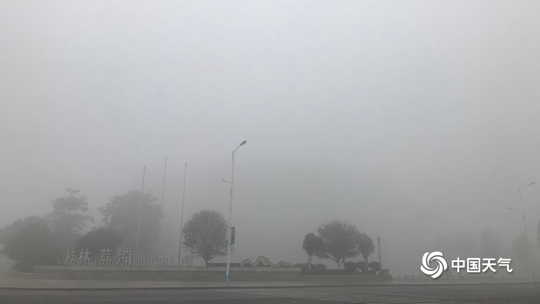 广西荔浦出现强浓雾 楼房汽车行人“隐身”