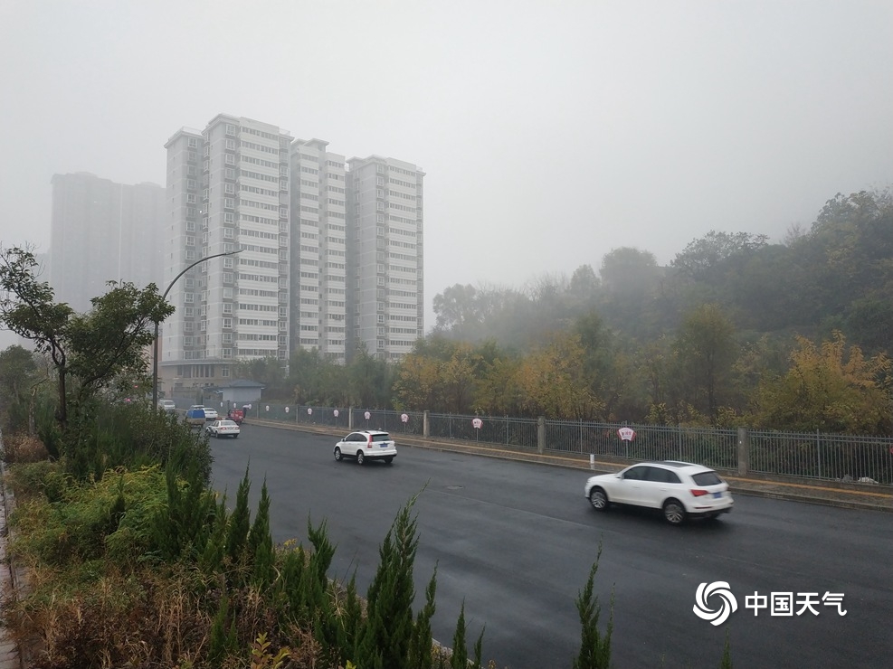 陕西宝鸡现雨雾天气 能见度不佳楼宇若隐若现
